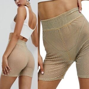 NWT For Love & Lemons Kiara Jeweled Bike Shorts in Beige Gold S